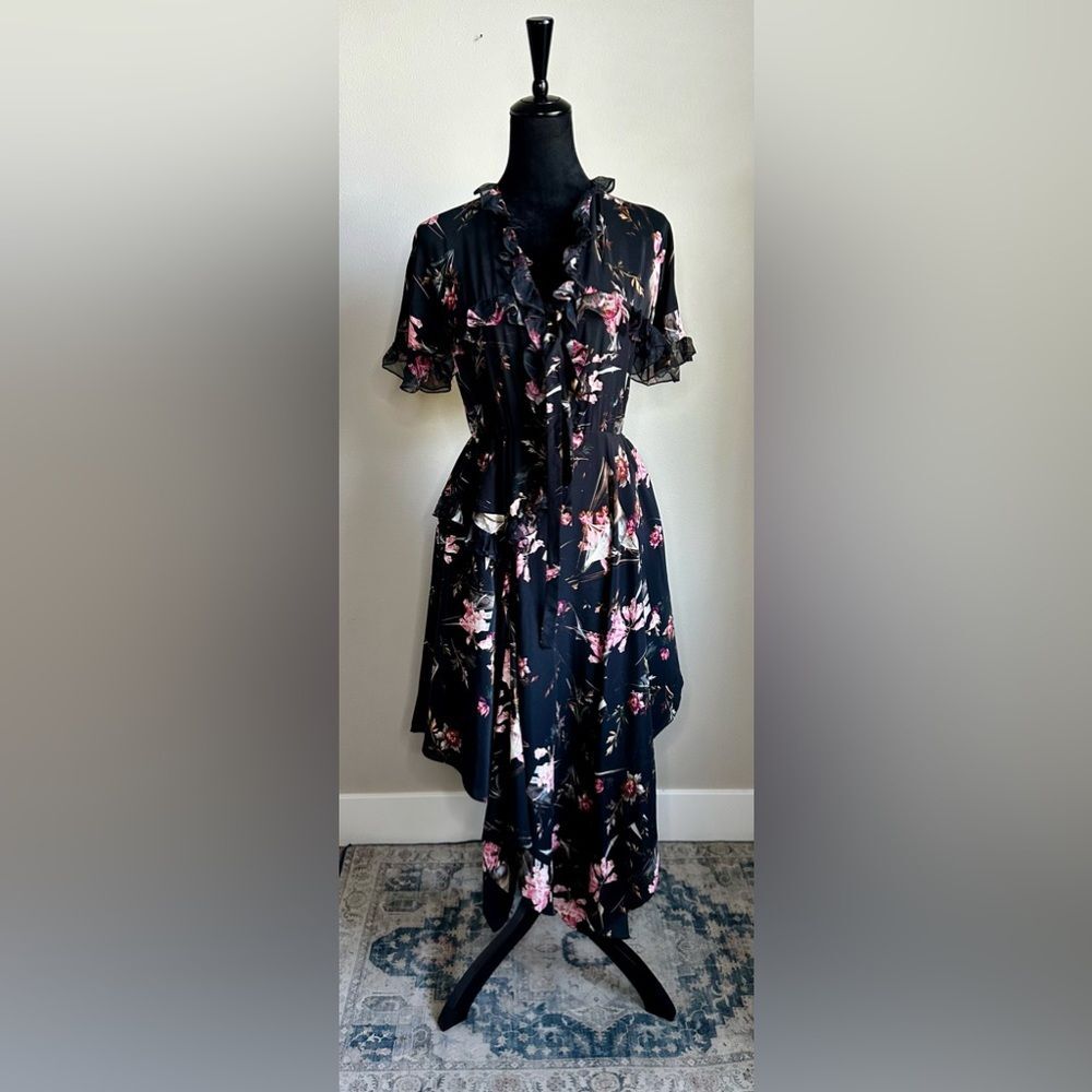 PREEN by THORTON BREGAZZI Clara Black Plastic Foxglove Silk Midi Dress Size S